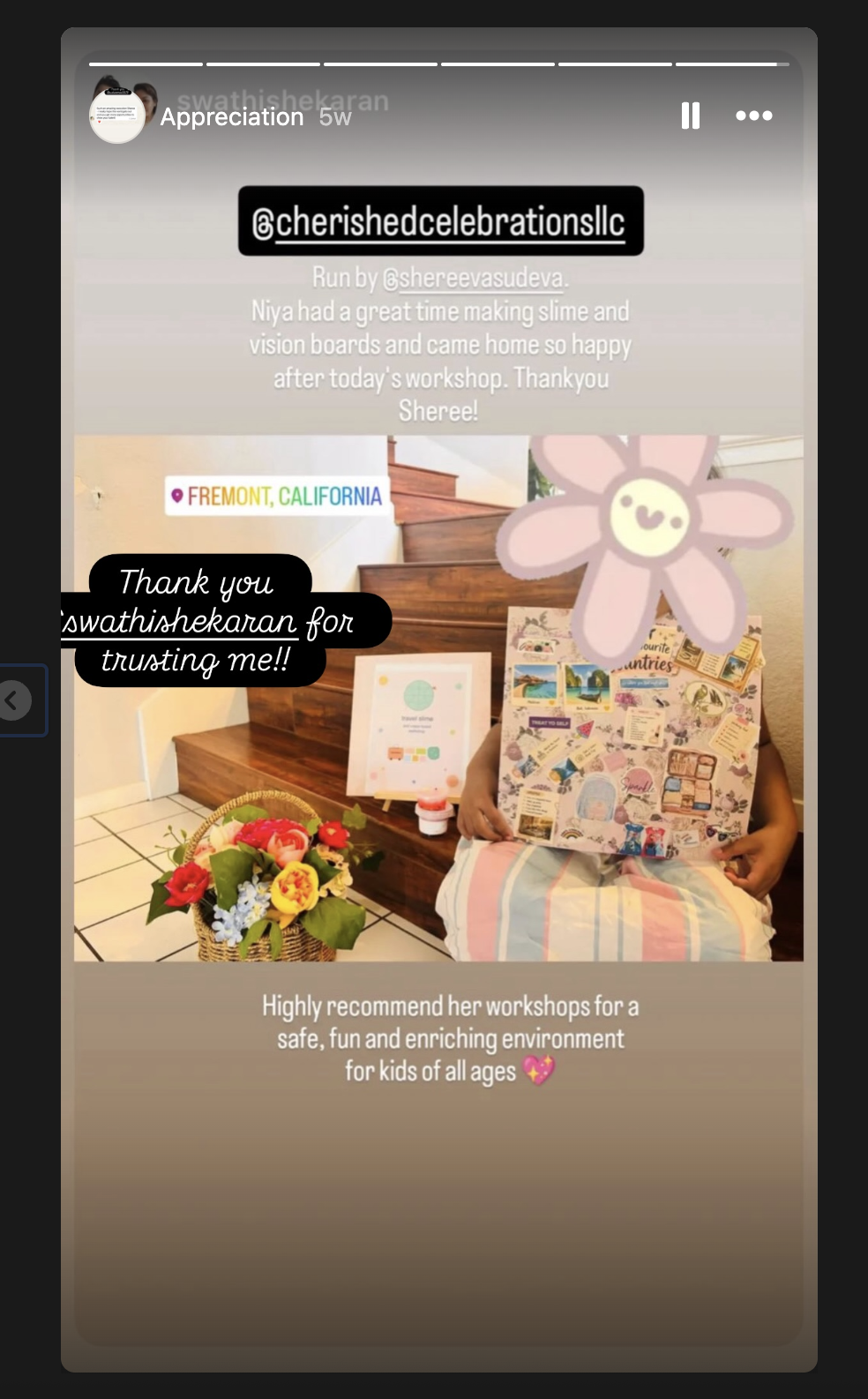 Parent shoutout about a slime and vision board workshop in Fremont